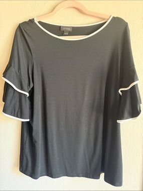 J. Jill Black Top with White Trim Ruffle Sleeves